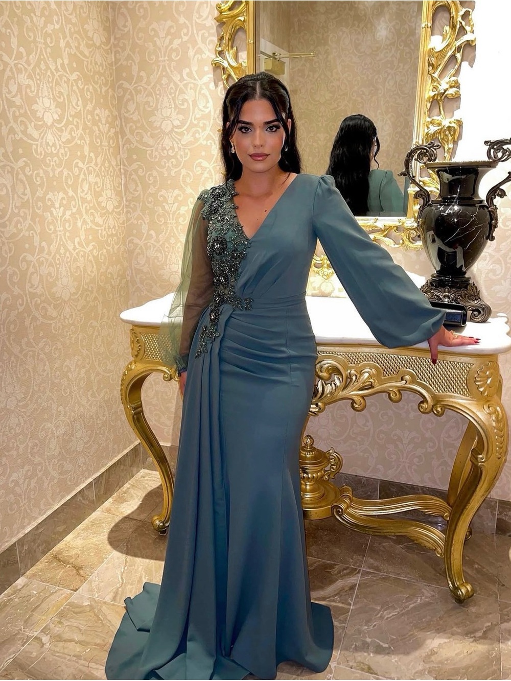 Teal Long Sleeve Evening Gown with Embellished Detail